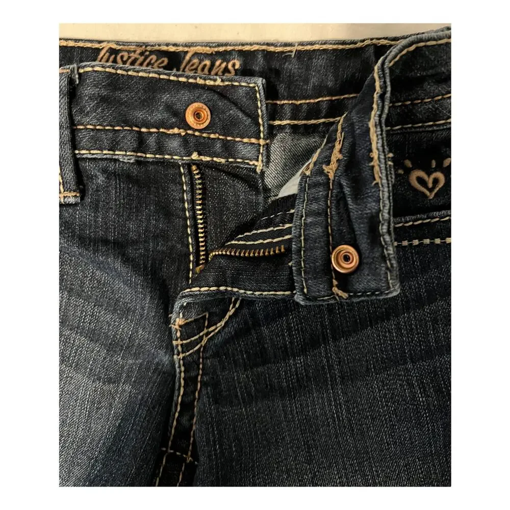 Justice Girls Jeans Size 8S Dark Wash Cuffed Hem Pockets Snap Close Lose Kids
